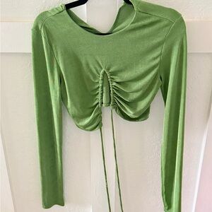 Green Ruched Long-Sleeve Crop Top